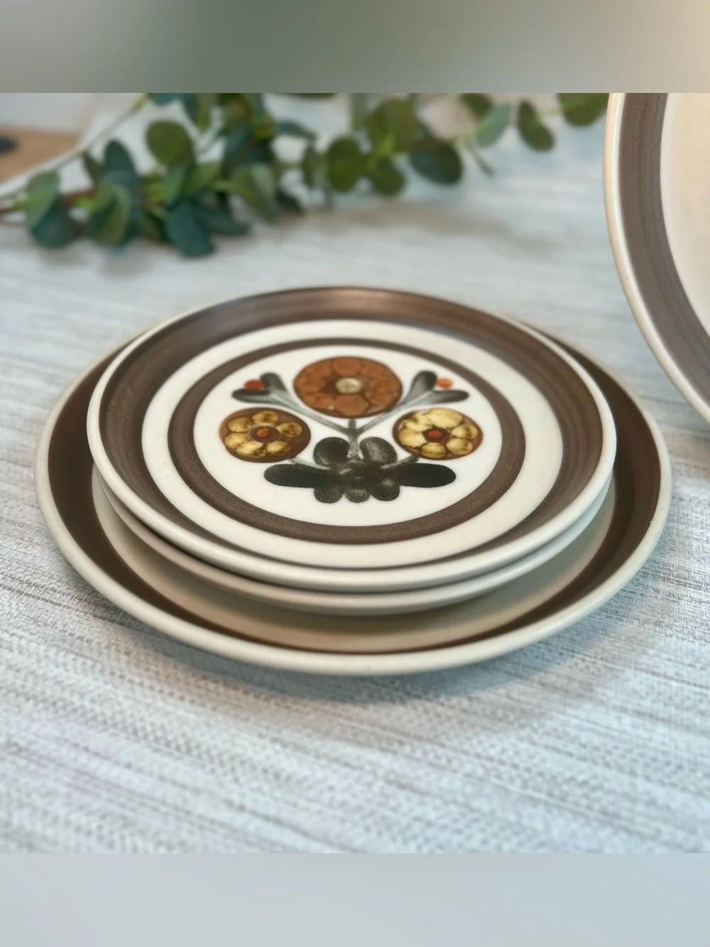 Vintage Langley England Stoneware Plates Set of 8 Retro Floral Brown Orange